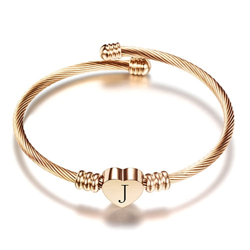 Rose gold Color Stainless Steel Heart Bracelet Bangle With Letter Fashion Initial Alphabet Charms Bracelets For Women